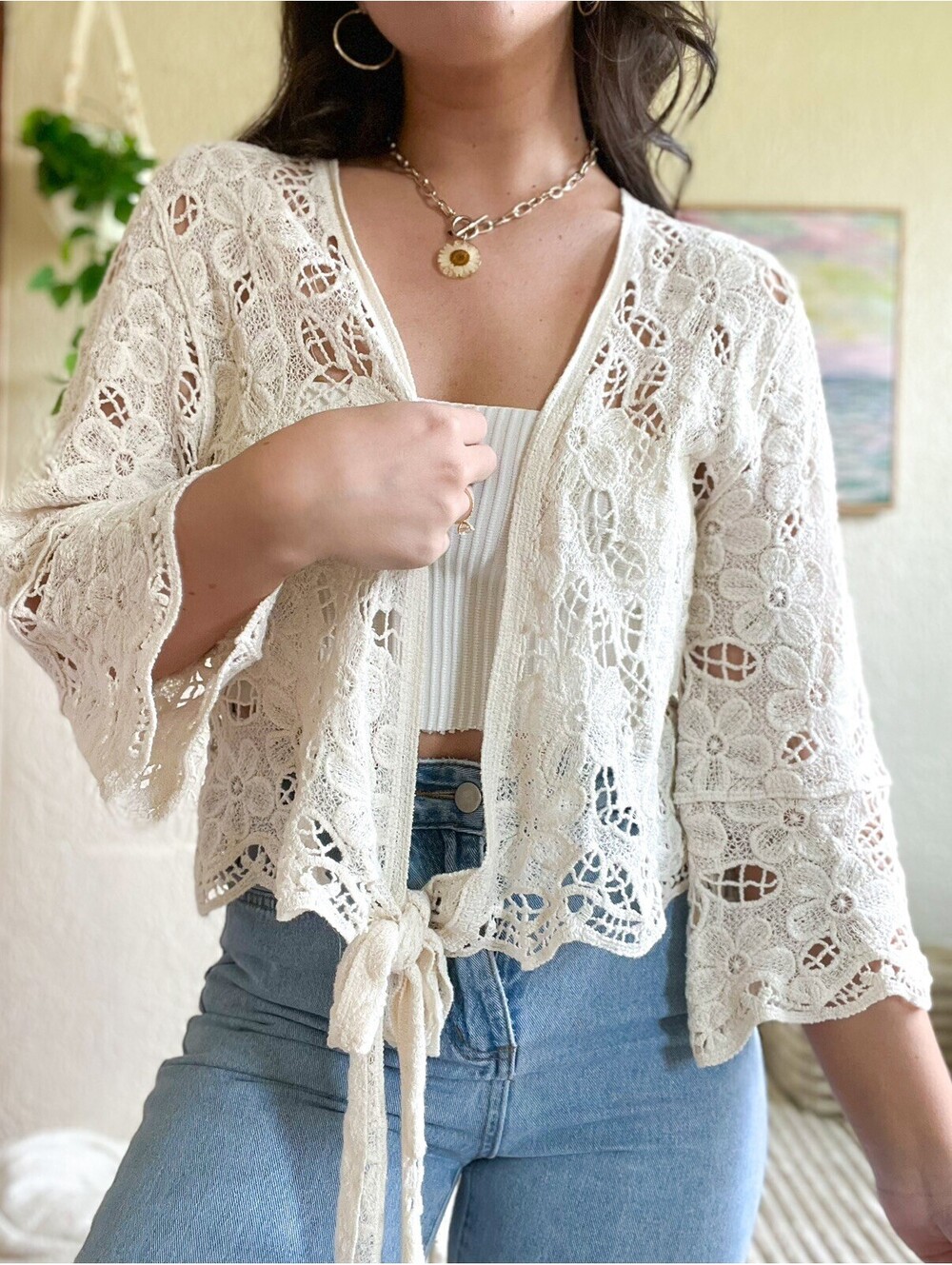 House of Harlow 1960 Boho Floral Crochet Tie Front Kimono Cardigan One Size